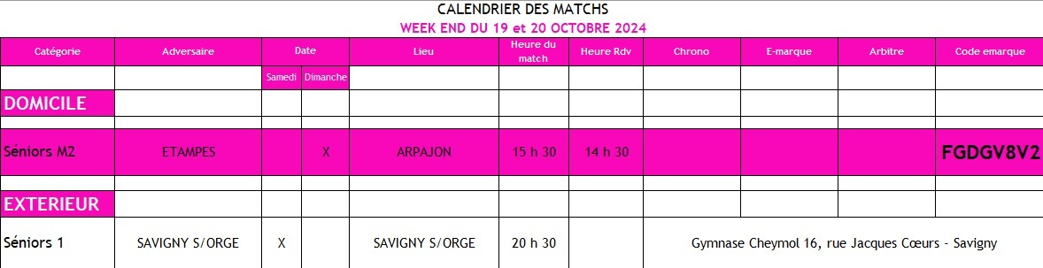 Calendrier des Matchs Week-end du 19 & 20 Oct 2024