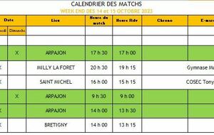 Calendrier des Matchs Week-end des 14 & 15 Octobre 2023