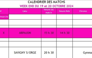 Calendrier des Matchs Week-end du 19 & 20 Oct 2024